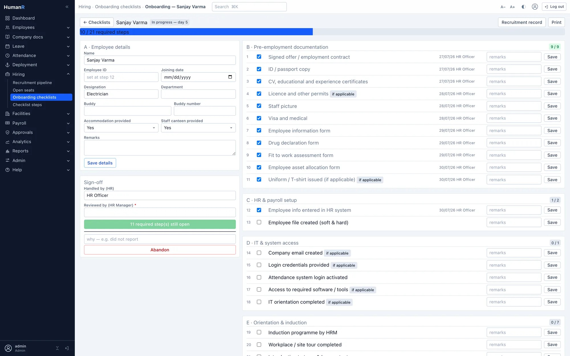 HumanR onboarding checklist with sign-off gates