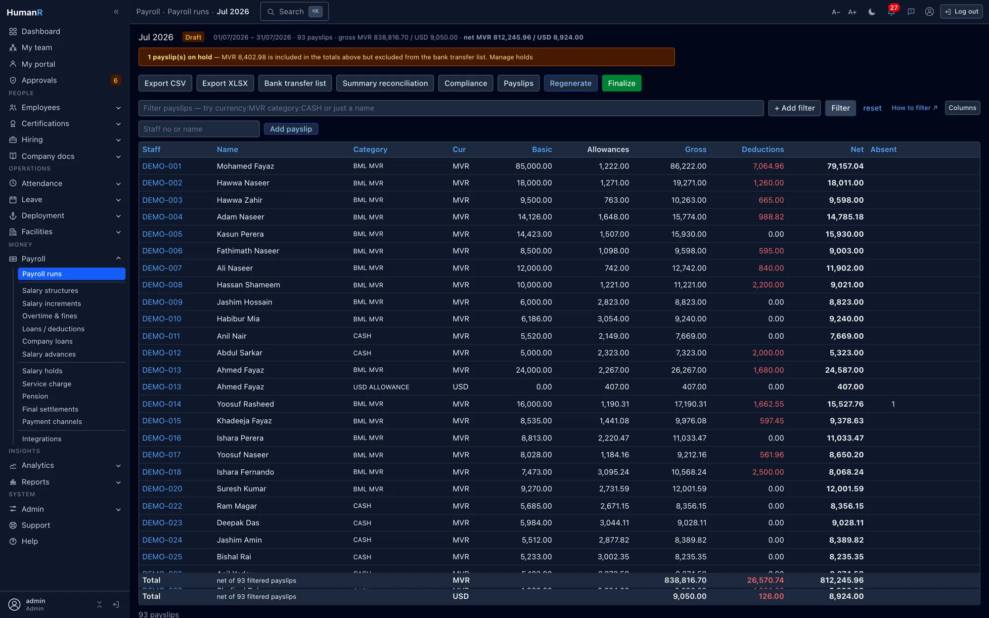 HumanR payroll run showing MVR and USD payslips with dual-currency totals