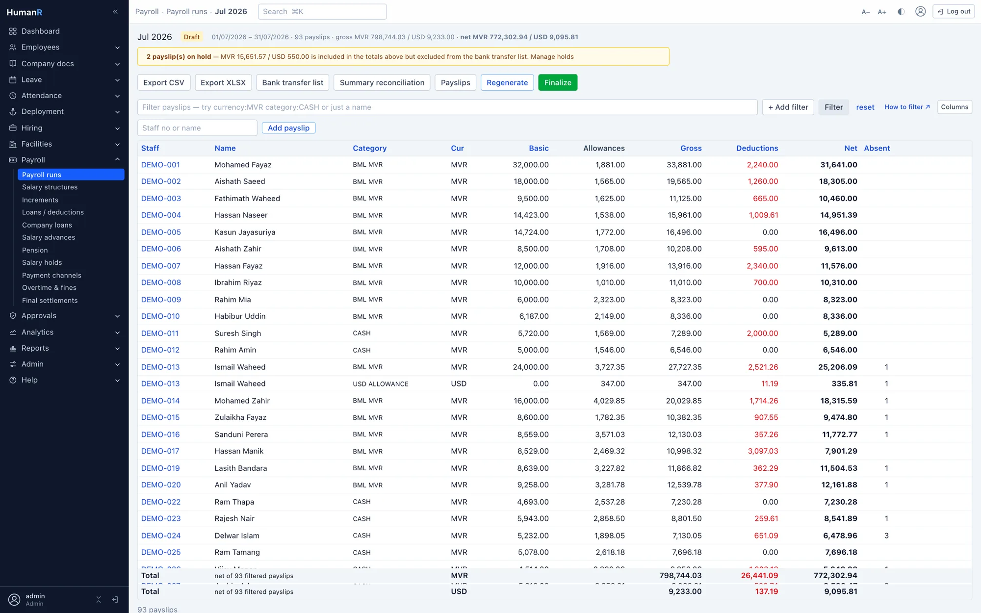 HumanR payroll run showing MVR and USD payslips with dual-currency totals