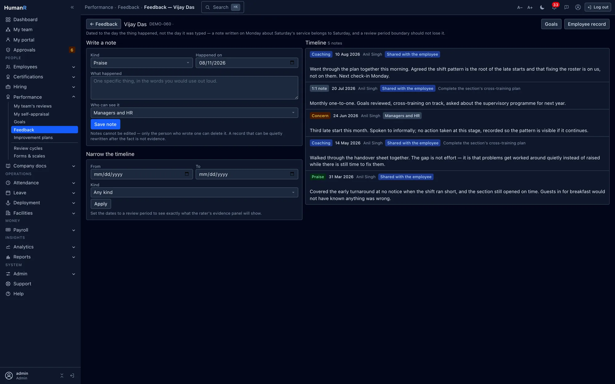 A HumanR continuous-feedback timeline for one employee — praise, coaching, one-to-one and concern notes, each dated to when it happened and carrying its own visibility