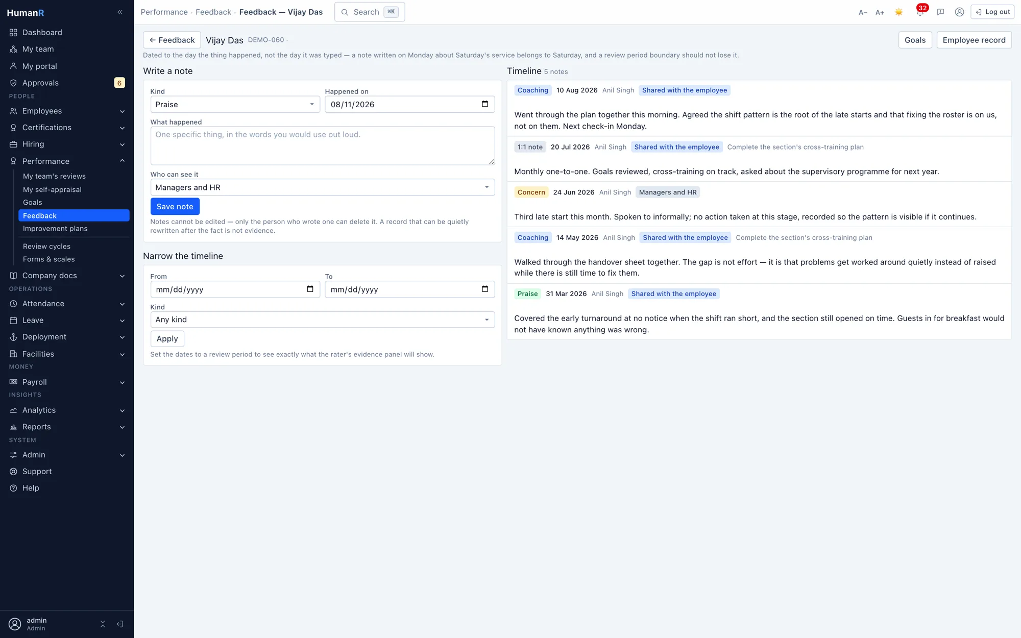 A HumanR continuous-feedback timeline for one employee — praise, coaching, one-to-one and concern notes, each dated to when it happened and carrying its own visibility