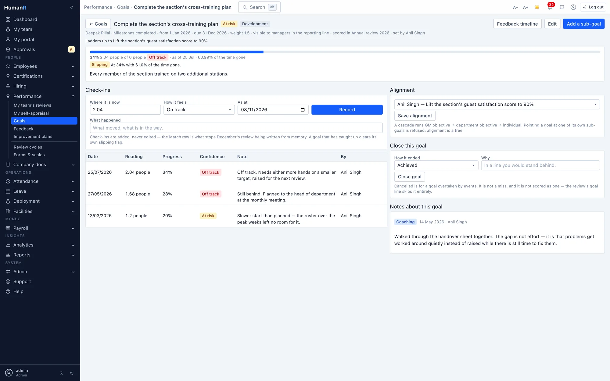 A HumanR goal with its check-in history — dated readings with confidence and notes — its alignment to a parent objective, and linked coaching feedback
