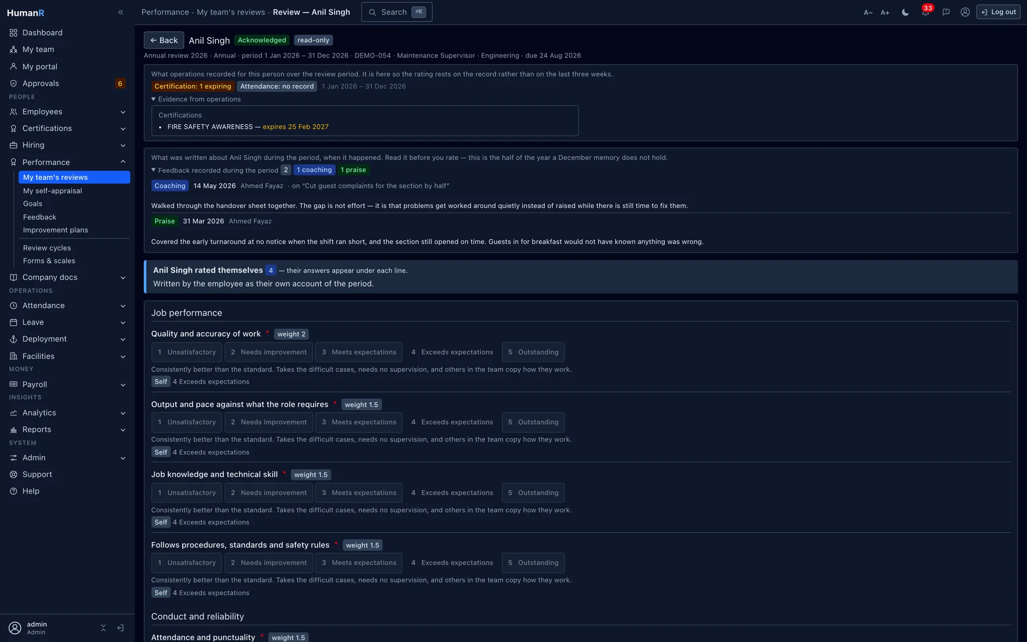 A HumanR review form with the operational evidence panel — attendance, an expiring certification and the period's feedback notes — rendered above the rating questions, beside the employee's own self-rating