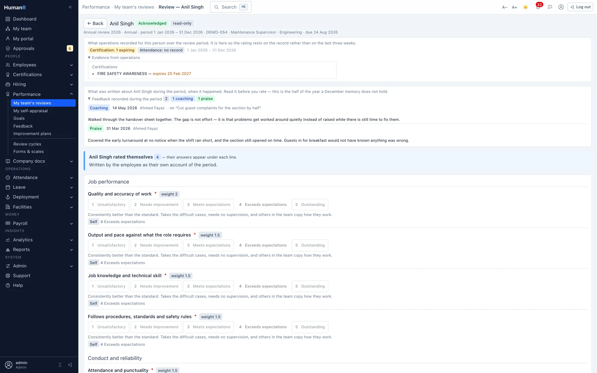 A HumanR review form with the operational evidence panel — attendance, an expiring certification and the period's feedback notes — rendered above the rating questions, beside the employee's own self-rating