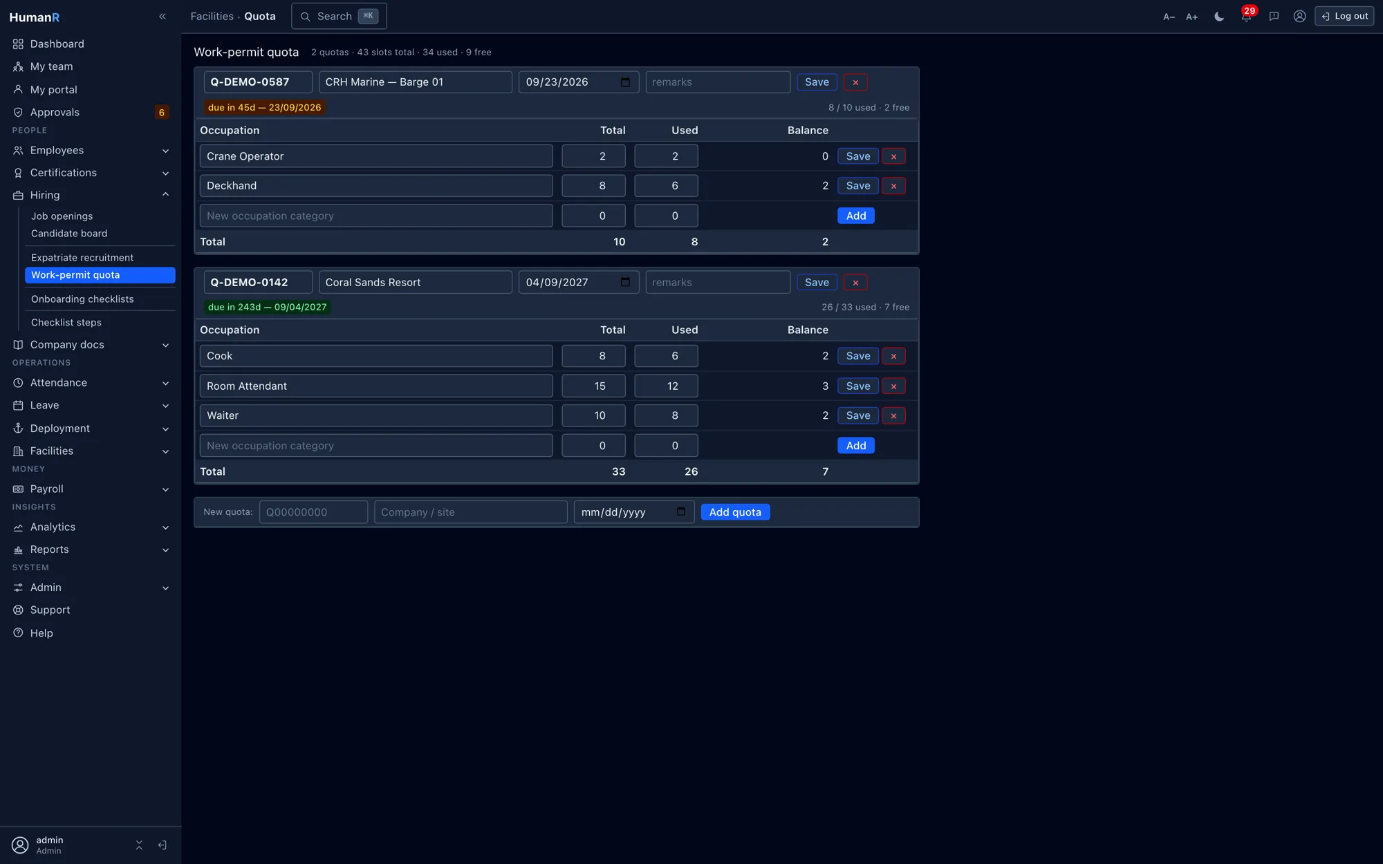HumanR quota and work permit tracking per site