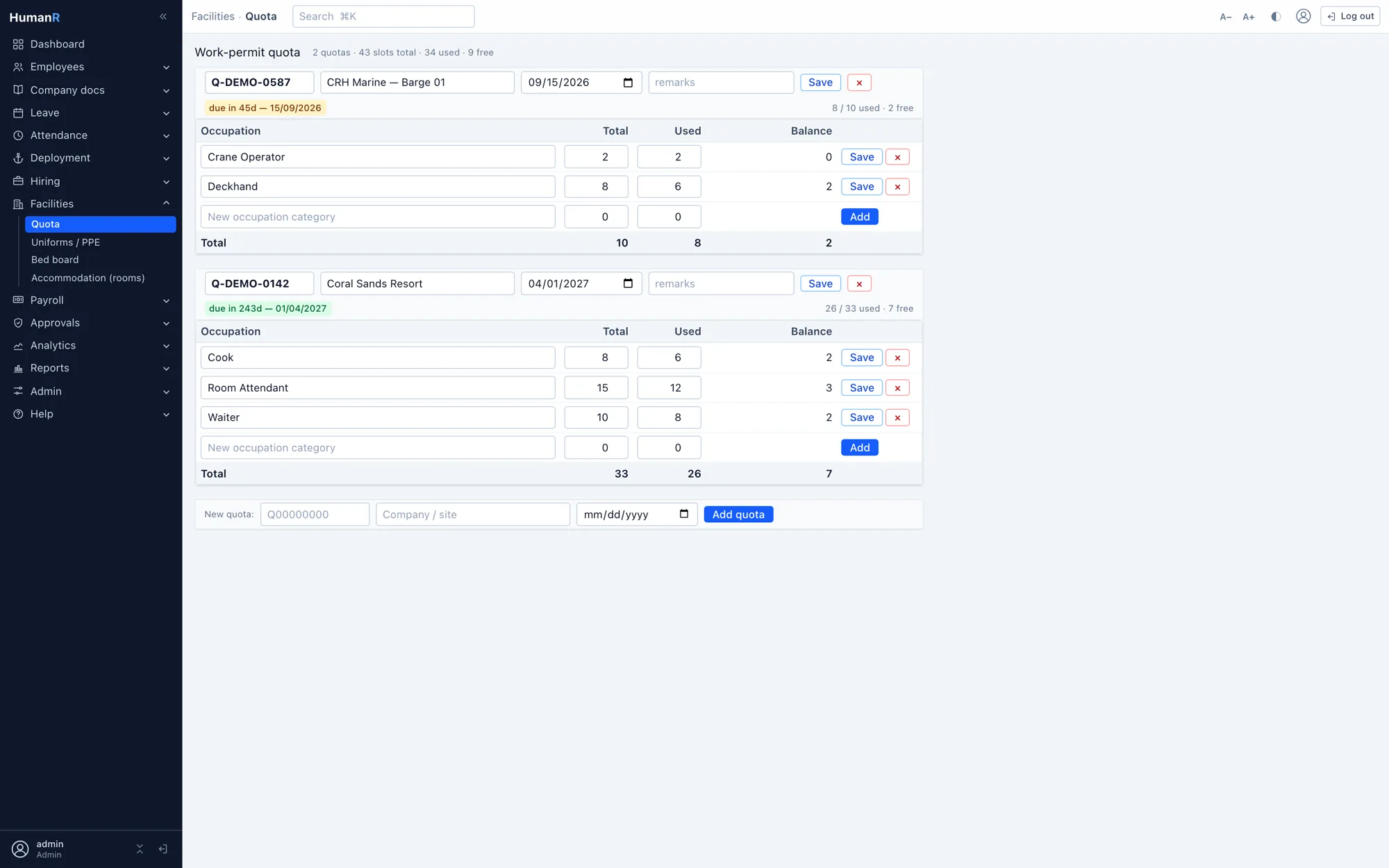 HumanR quota and work permit tracking per site