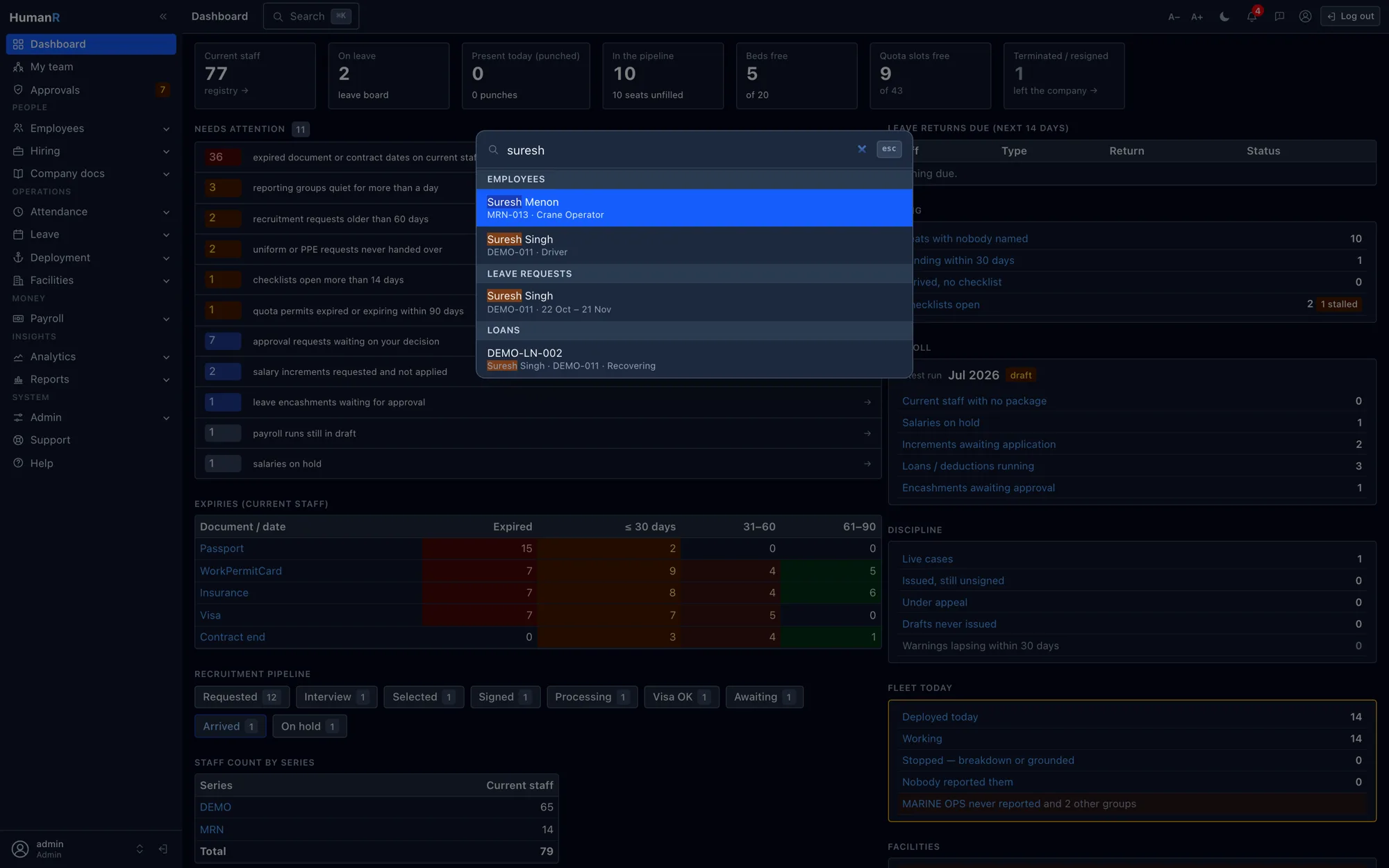 The HumanR ⌘K palette finding an employee, their leave request and their loan from one query