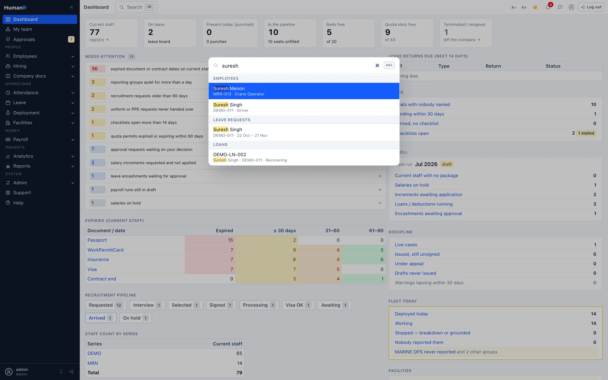 The HumanR ⌘K palette finding an employee, their leave request and their loan from one query