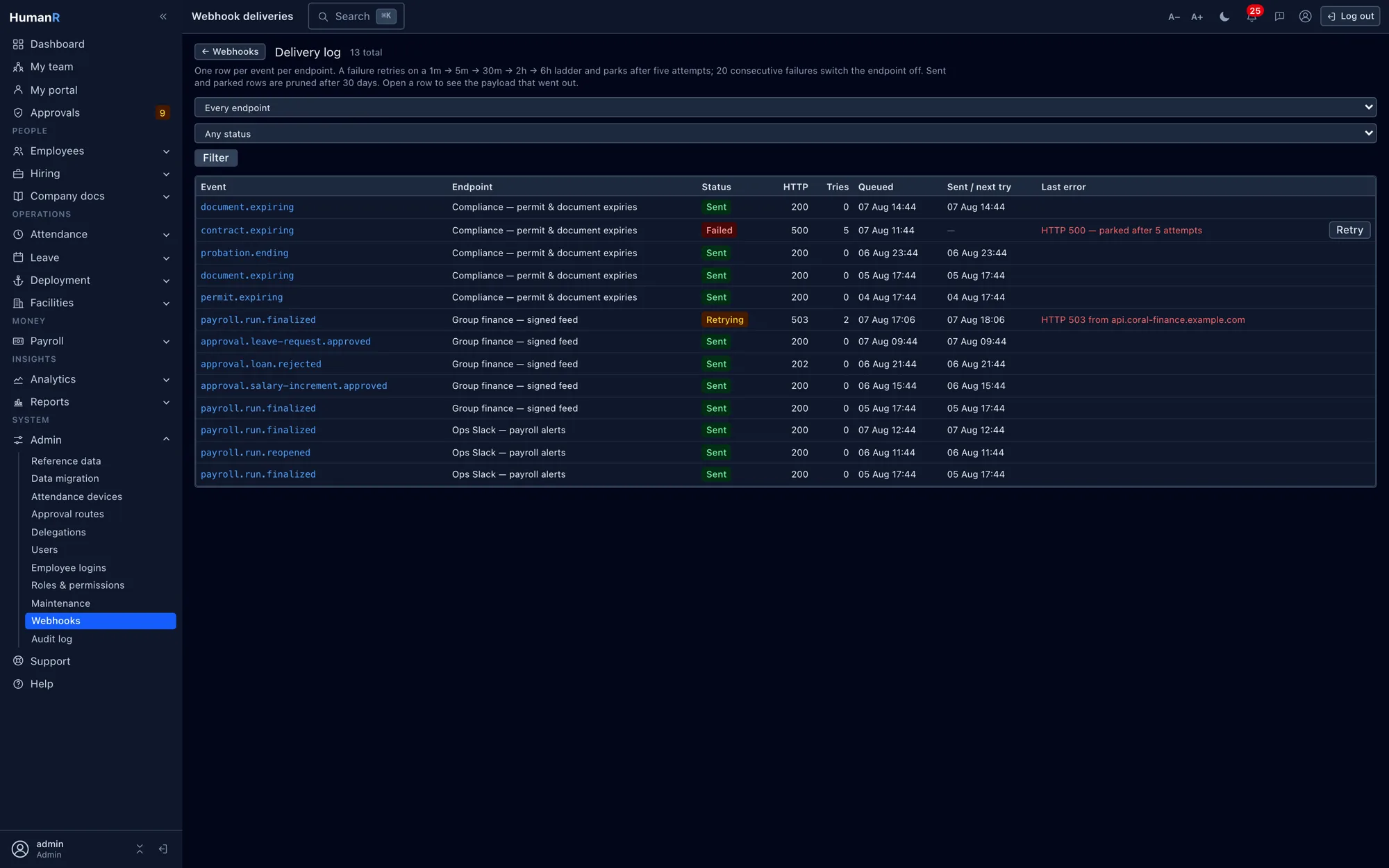 HumanR webhook delivery log — one row per event with status, HTTP code, retry count and last error, including a parked failure with a Retry button