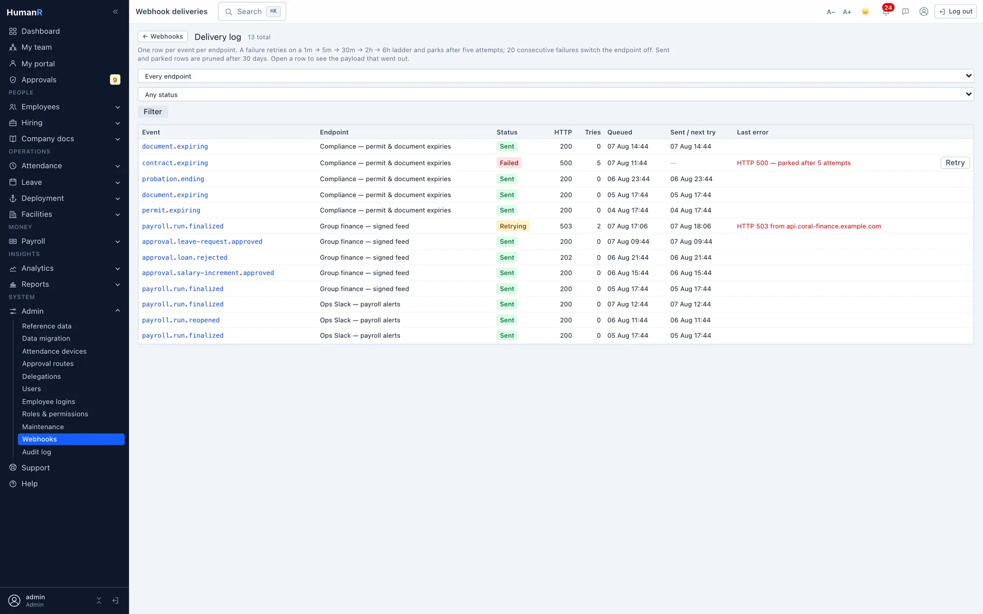HumanR webhook delivery log — one row per event with status, HTTP code, retry count and last error, including a parked failure with a Retry button
