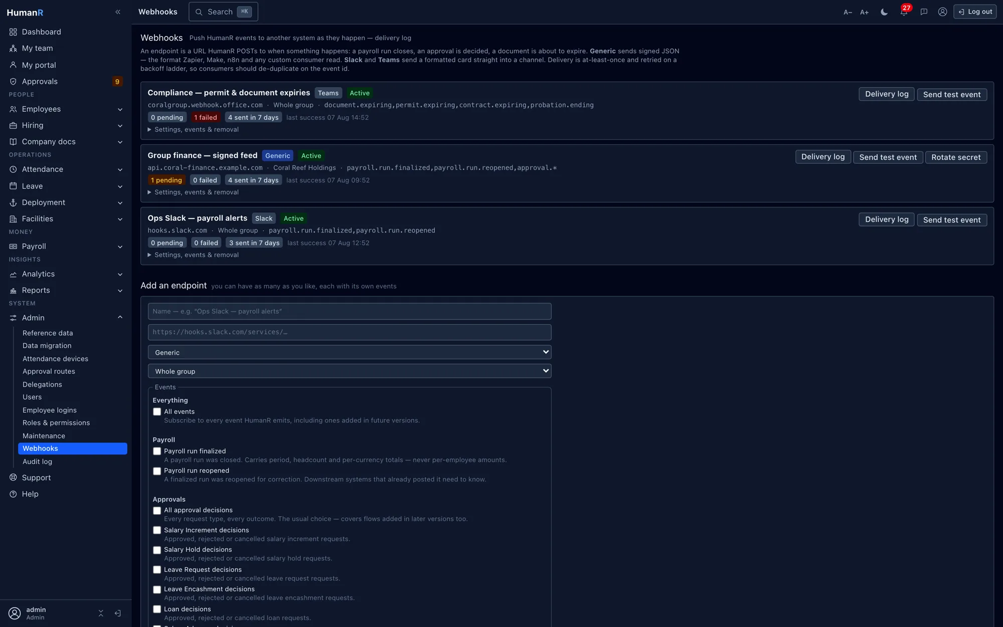 HumanR webhook endpoints — a Slack, a Teams and a signed Generic endpoint, each subscribed to its own events with delivery health