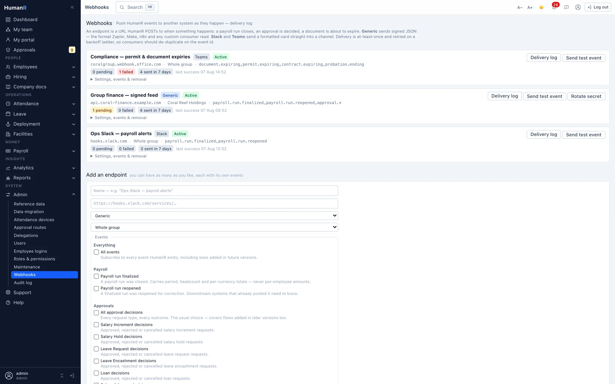 HumanR webhook endpoints — a Slack, a Teams and a signed Generic endpoint, each subscribed to its own events with delivery health